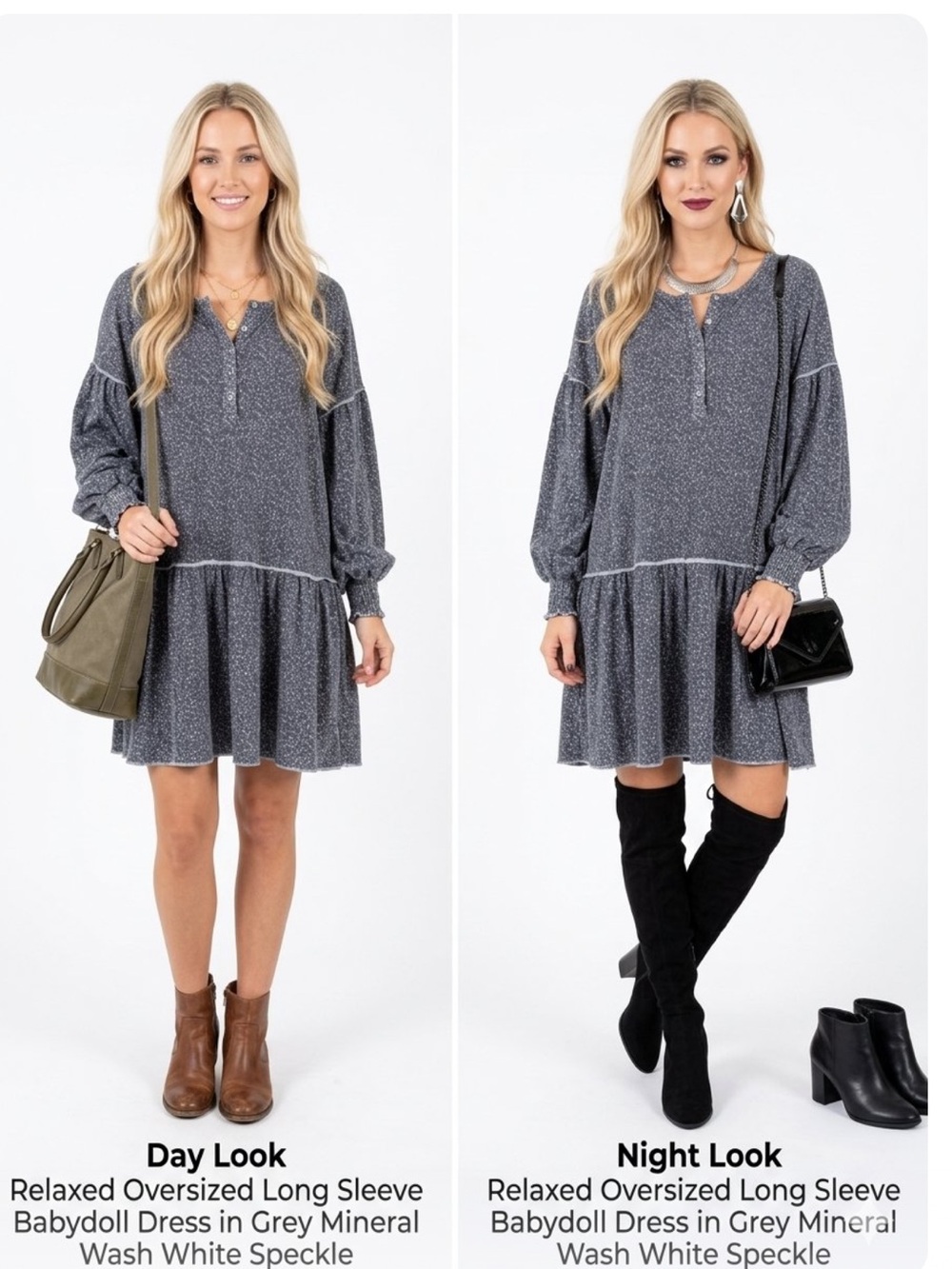 Relaxed Oversized Long Sleeve  babydoll Dress in Grey Mineral Wash White Speckle